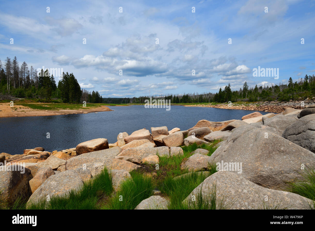 L'été dans les montagnes du Harz, Allemagne. Oderteich historique réservoir d'eau, élément de la partie supérieure de l'eau du Harz Regale, UNESCO World Heritage Site. Banque D'Images