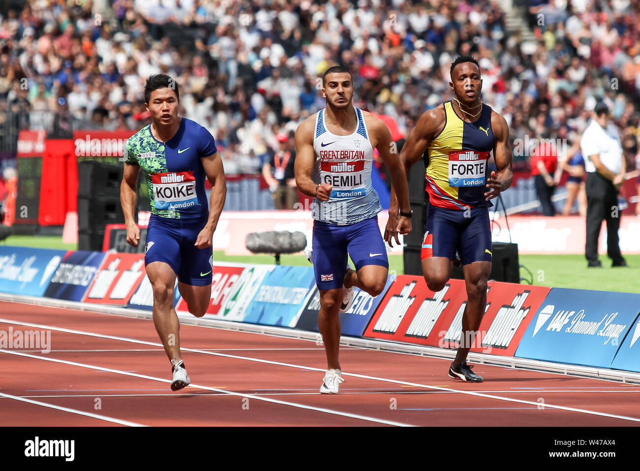 Londres, Royaume-Uni. 20 juillet, 2019. Adam Gemili (GBR), se qualifie pour les ailettes de la Men's 100m (Diamond League) au cours de l'Muller Anniversaire Jeux - Grand Prix 2019 de Londres au London Stadium, Queen Elizabeth Olympic Park, Londres, Angleterre le 20 juillet 2019. Photo de Ken d'Étincelles. Credit : UK Sports Photos Ltd/Alamy Live News Banque D'Images