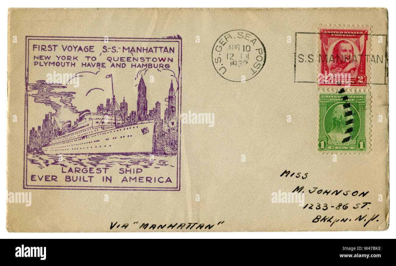 Après la mer, les USA - 10 août 1932 : l'enveloppe historique : couvrir avec cachet premier voyage S.S. Manhattan et deux timbres-poste Pulaski Général Banque D'Images