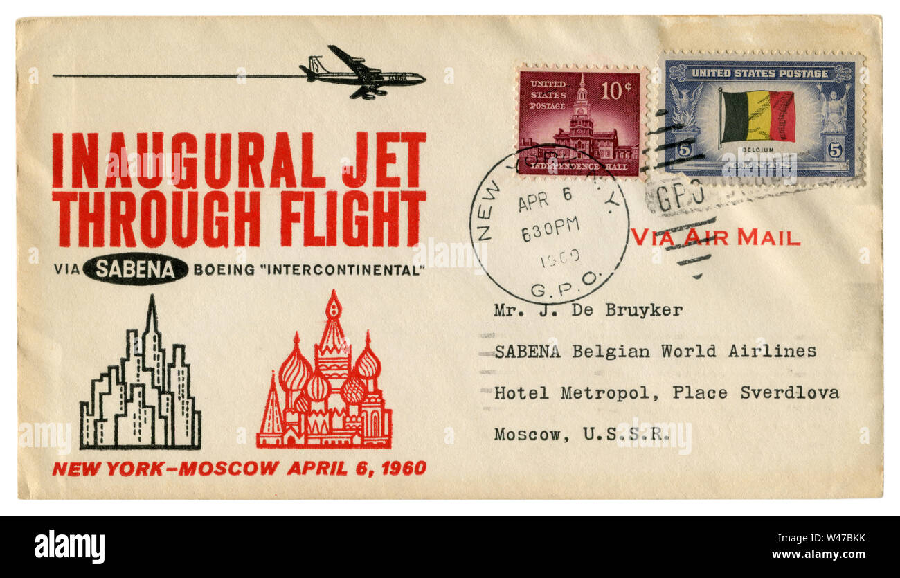 New York, USA - 6 Avril 1960 : enveloppe historique : couvrir avec cachet premier jet par vol via sabena boeing, intercontinental Moscow Banque D'Images