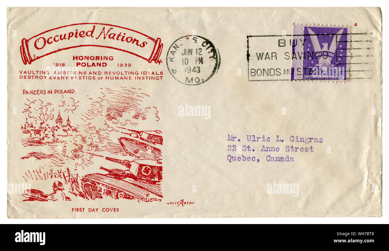 Kansas City, Missouri, USA - Le 12 juin 1943 : enveloppe historique : couvrir avec un cachet particulier avec Territoires nations, en l'honneur de la Pologne, de panzers allemands, 1939 Banque D'Images