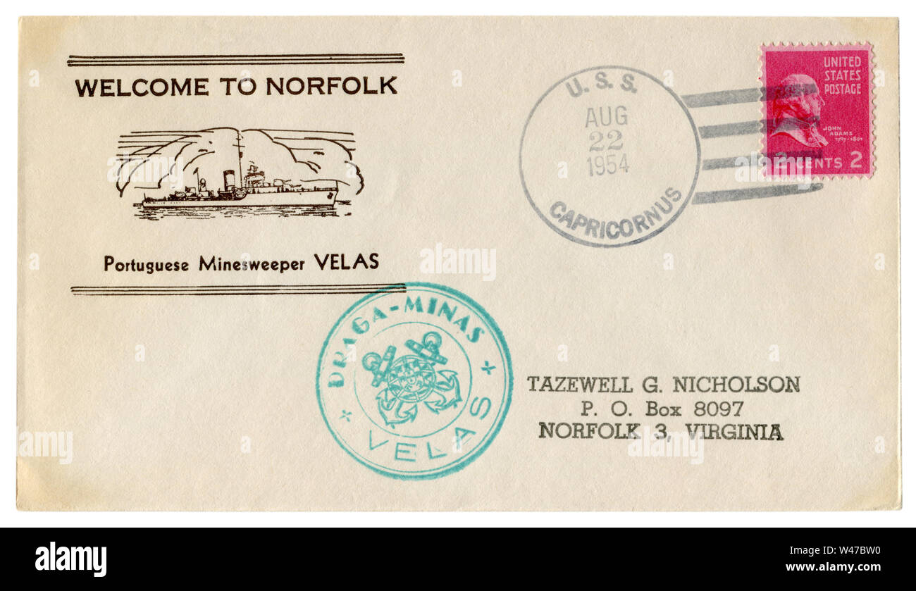 Le Capricorne, le USS USA - 22 août 1954 : l'enveloppe historique : couvrir avec cachet Bienvenue à Norfolk dragueur portugais Velas, John Adams Banque D'Images