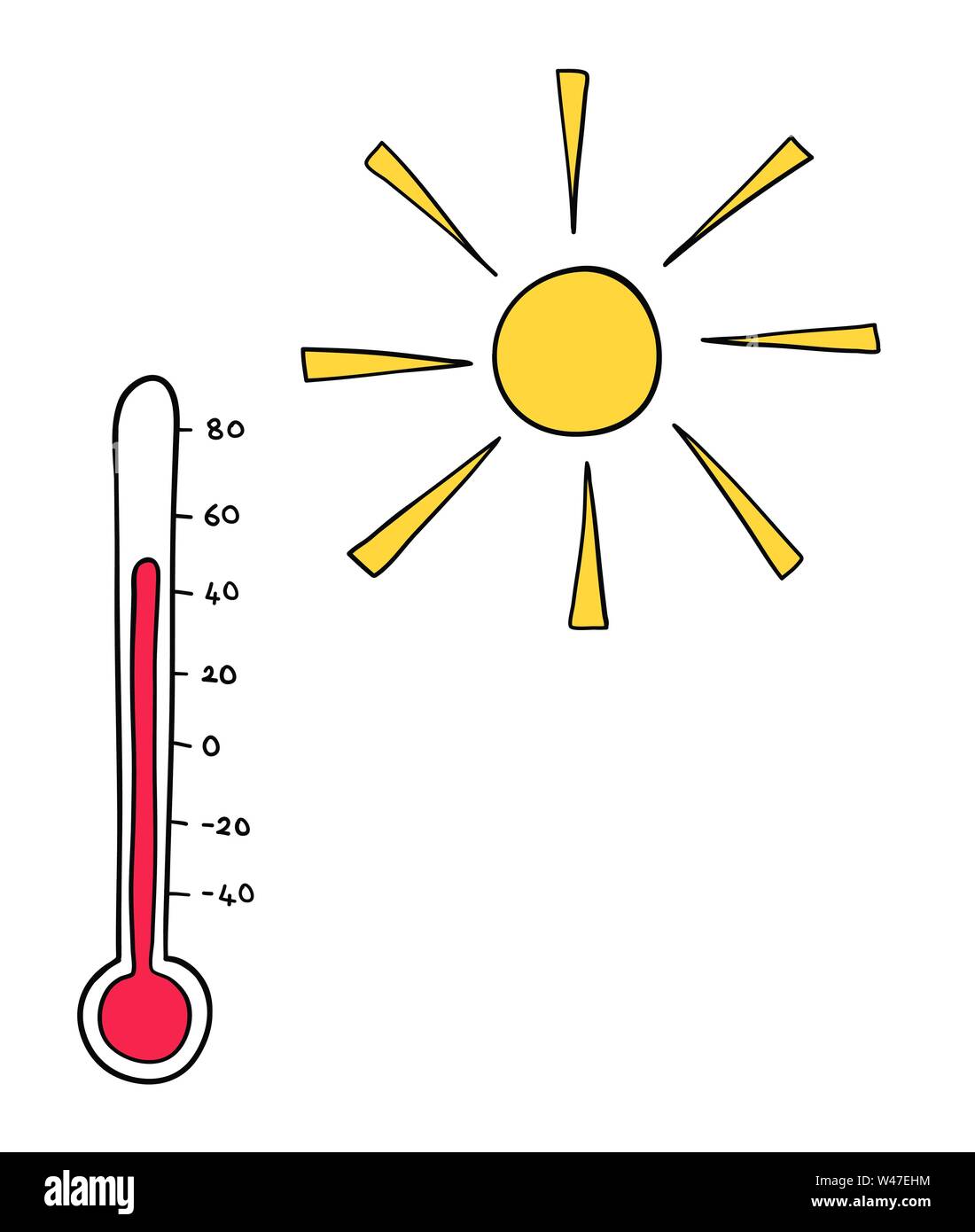 Vector illustration dessinée à la main de temps chaud, soleil et thermomètre. Contours noirs et colorés. Illustration de Vecteur