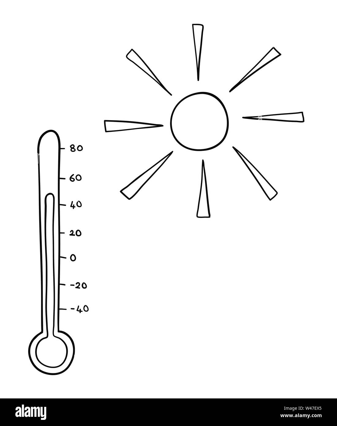 Vector illustration dessinée à la main de temps chaud, soleil et thermomètre. Et contours noirs sur fond blanc. Illustration de Vecteur