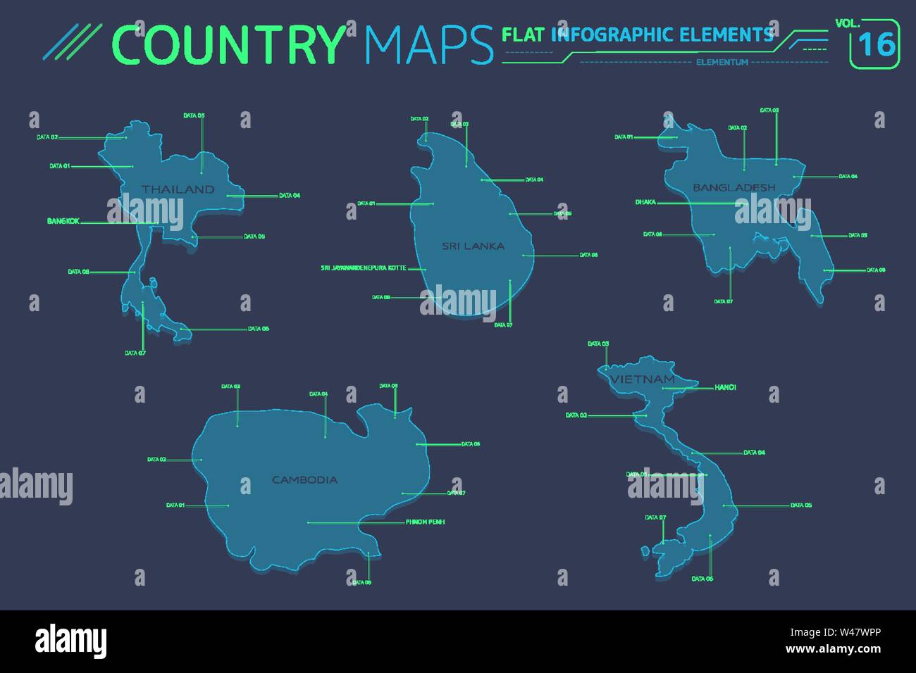 La Thaïlande, le Cambodge, le Vietnam, le Bangladesh et le Sri Lanka de cartes vectorielles Illustration de Vecteur