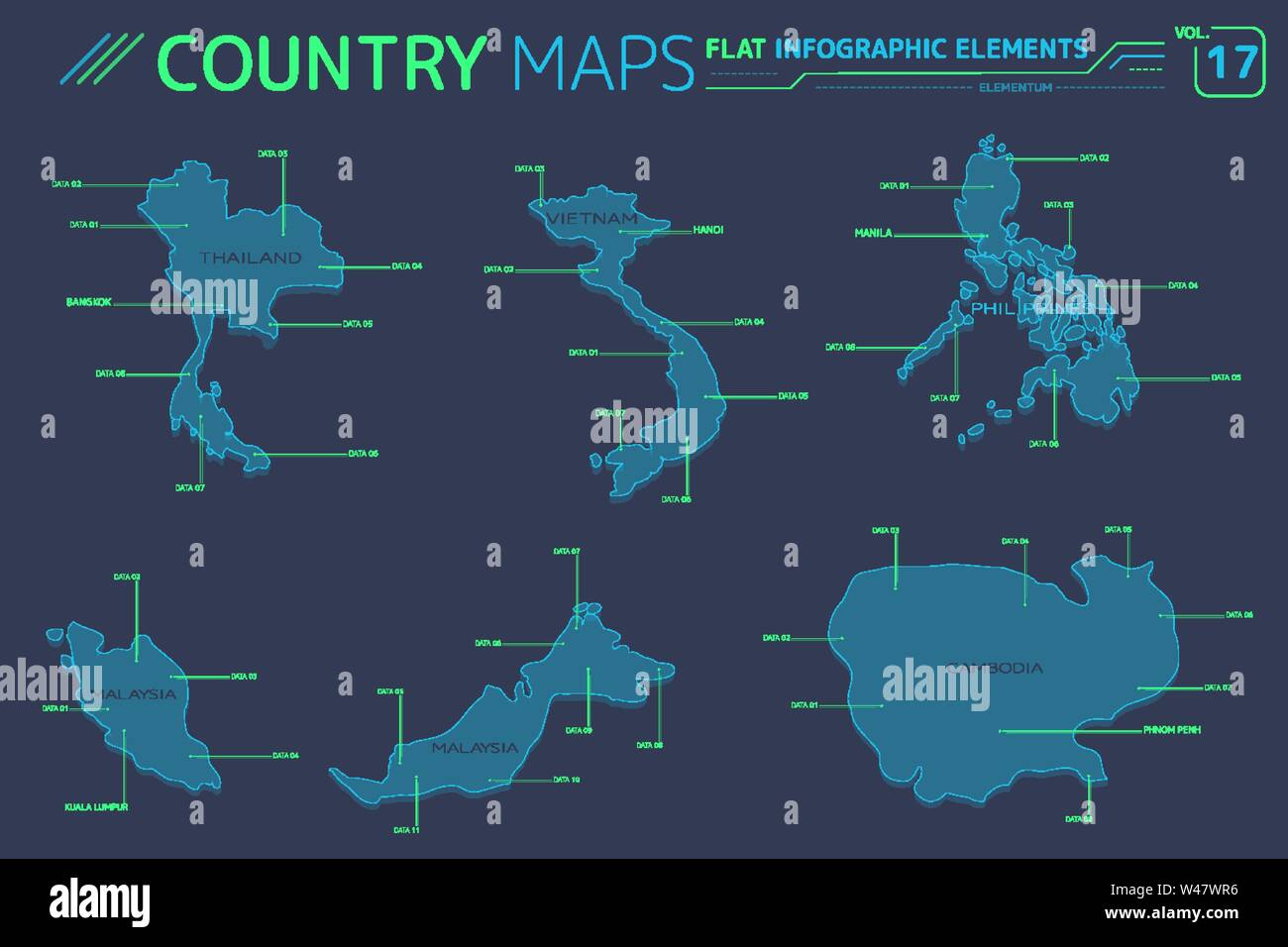 En Malaisie, au Vietnam, aux Philippines, en Thaïlande et au Cambodge de cartes vectorielles Illustration de Vecteur