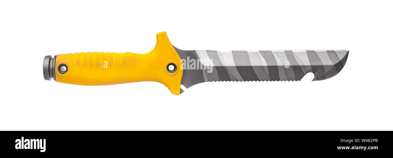Couteau de plongée avec poignée jaune isoler sur fond blanc Banque D'Images