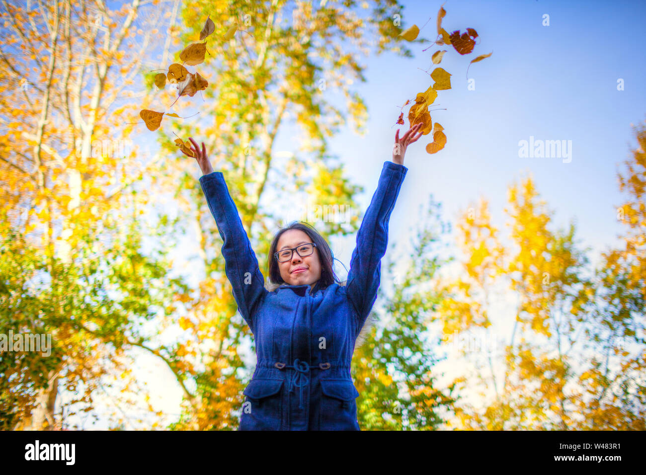 Asian teenage girl tossing en jaune des feuilles dans le parc avec des arbres couleurs changeantes au cours de l'automne. Banque D'Images