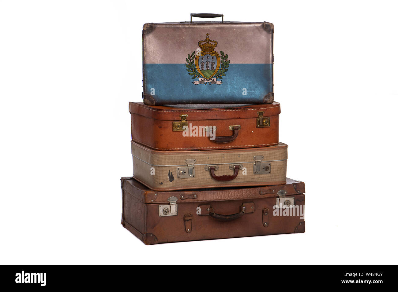 San Marino, travel concept saint-marinais. Groupe des valises vintage isolé sur fond blanc Banque D'Images