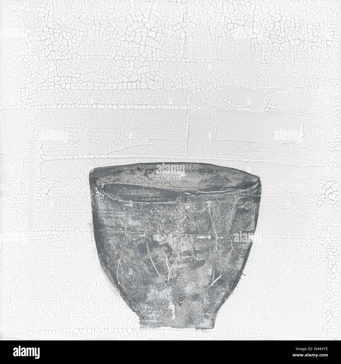 Des fragments de peinture zen minimaliste blanc fond fissuré avec des tons de gris neutre.Bol à thé tasse d'art symbolique. Banque D'Images