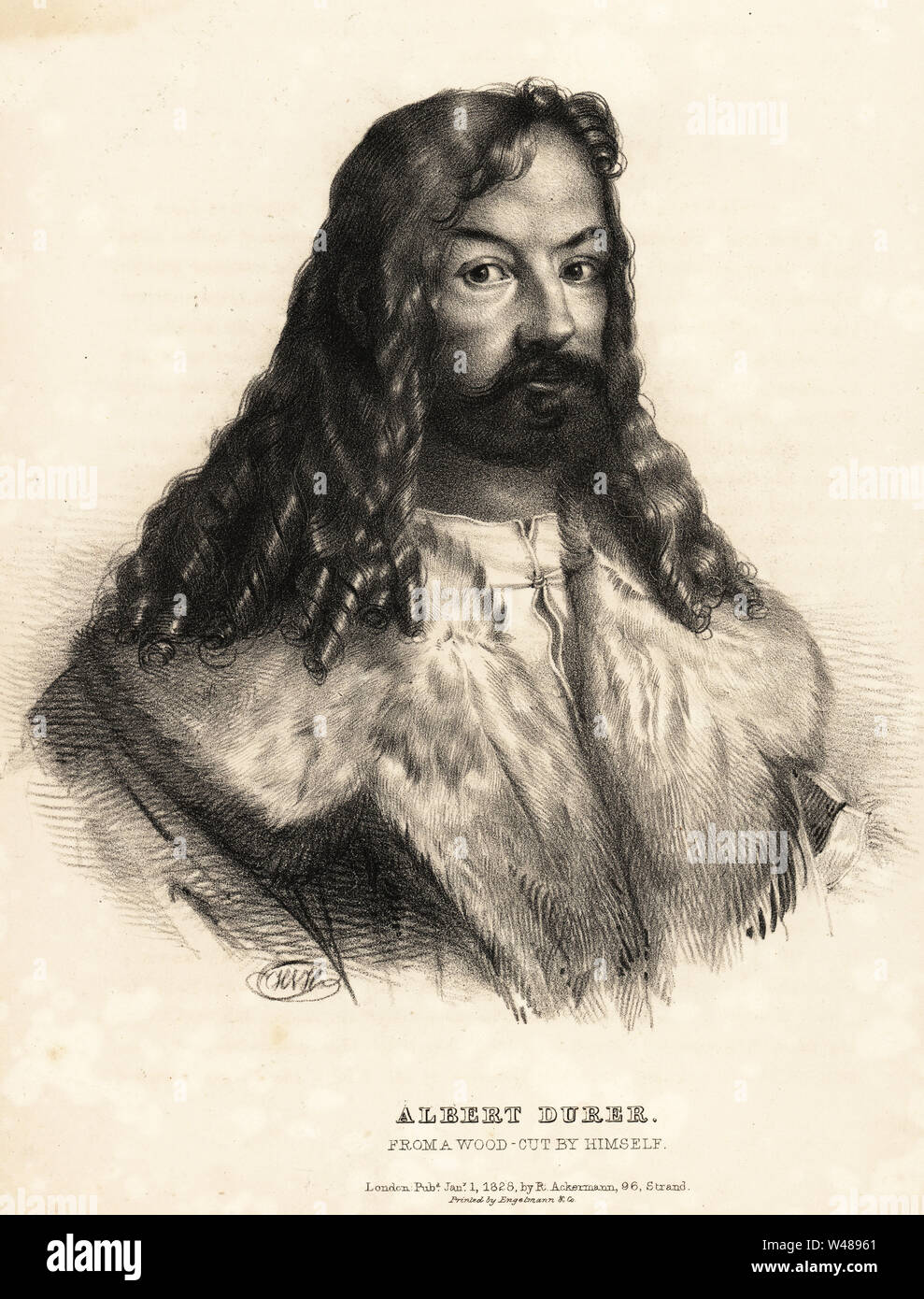 Albrecht durer, peintre de la Renaissance allemande, 1471-1528. À partir d'un self portrait gravure sur bois. Lithographie D'après un dessin de HVH - des portraits des plus célèbres peintres de toutes les écoles, Ackermann, Londres, 1828. Banque D'Images