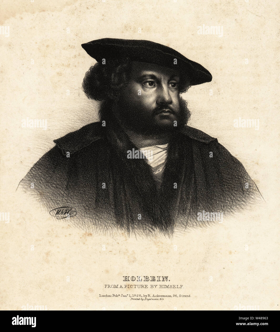 Hans Holbein le jeune artiste de la Renaissance allemande, 1497-1543. À partir d'un autoportrait. Lithographie D'après un dessin de HVH - des portraits des plus célèbres peintres de toutes les écoles, Ackermann, Londres, 1828. Banque D'Images
