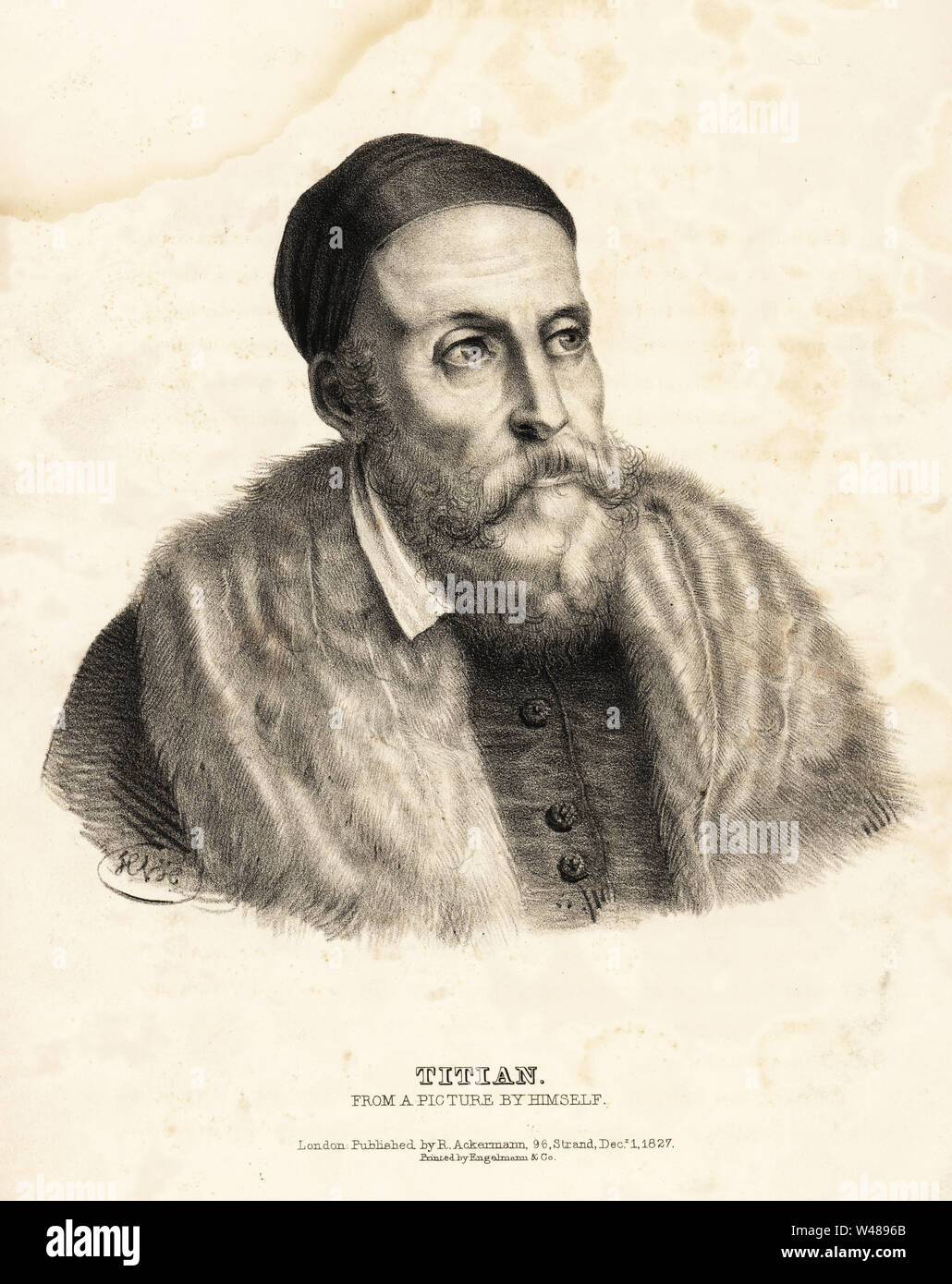 Vecellio, Berthe Morisot ou Titien, peintre italien de la Renaissance, 1488-1576. À partir d'un autoportrait. Lithographie D'après un dessin de HVH - des portraits des plus célèbres peintres de toutes les écoles, Ackermann, Londres, 1827. Banque D'Images