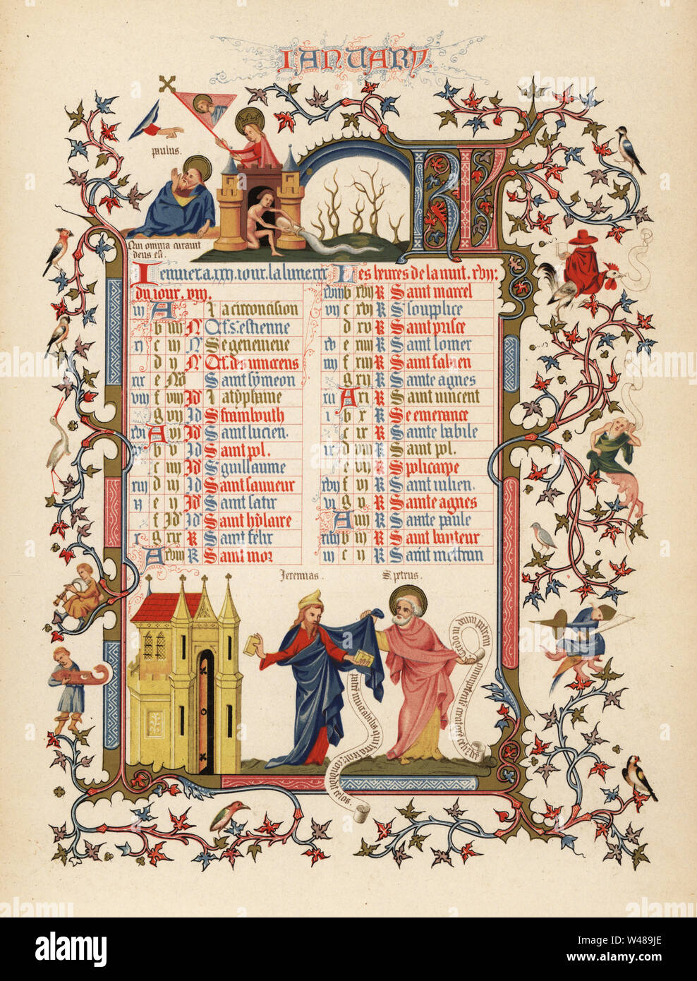Calendrier Pour Janvier Avec Des Chiffres De Jeremias Et Saint Petrus Citation De Paul Des Musiciens Des Disciples Des Creatures Mythiques Et Des Chateaux D Un Livre D Heures Du Duc L Anjou 1380 Chromolithographie