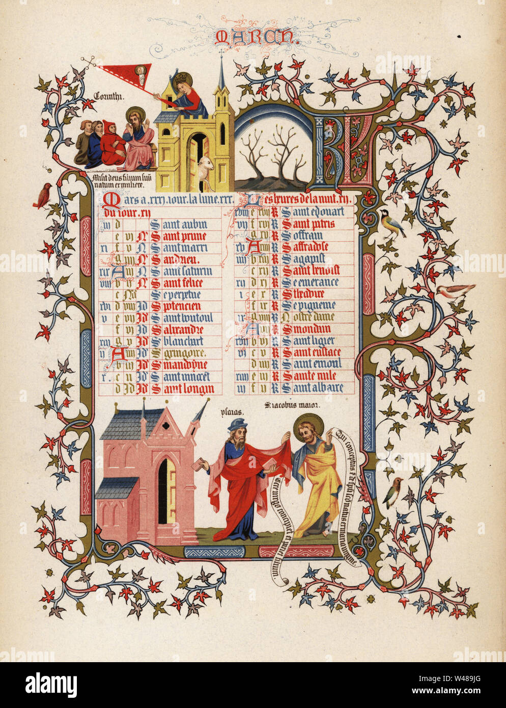 Calendrier Pour Le Mois De Mars Avec Des Chiffres D Elias Et De Saint Jacques Le Majeur Citation De Corinthiens Disciples D Agneau De Chateaux D Oiseaux Et De Feuillage D Un Livre D Heures Du Duc