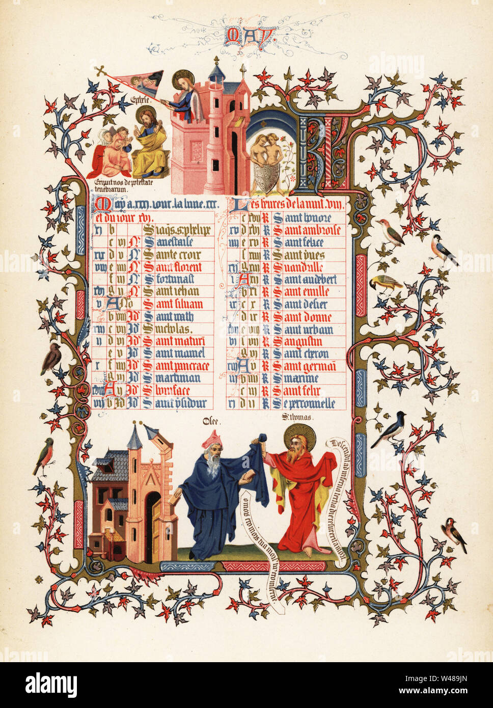 Calendrier Pour Le Mois De Mai Avec Des Chiffres D Olee Et Saint Thomas Citation D Ephesiens Disciples Adam Et Eve D Oiseaux Feuillage Et Des Chateaux D Un Livre D Heures Du Duc L Anjou 1380 Chromolithographie