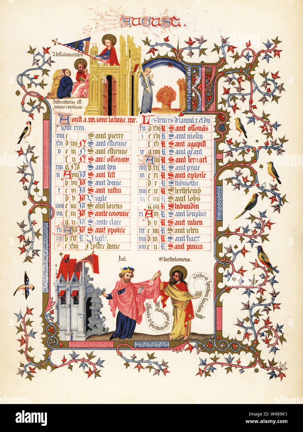 Calendrier Pour Le Mois D Aout Avec Les Chiffres De Joel Et Saint Barthelemy Citation De Thessaloniciens Disciples Femme Avec Du Ble D Oiseaux Feuillage Et Des Chateaux D Un Livre D Heures Du Duc L Anjou