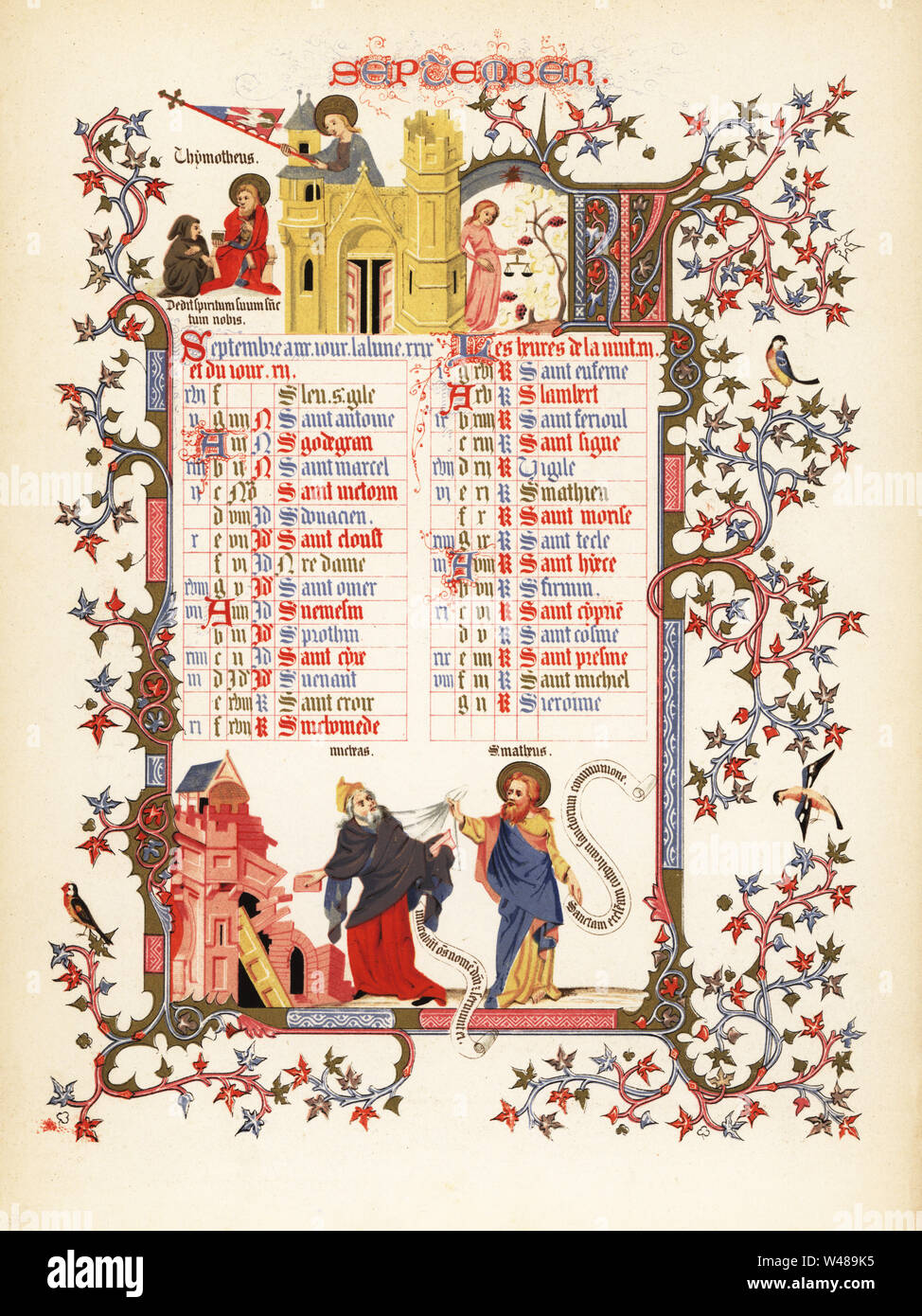 Calendrier Pour Septembre Avec Les Figures De Michee Et Saint Matthieu Citation De Timothee Disciple Femme D Ecailles D Oiseaux Feuillage Et Des Chateaux D Un Livre D Heures Du Duc L Anjou 1380 Chromolithographie En Couleurs