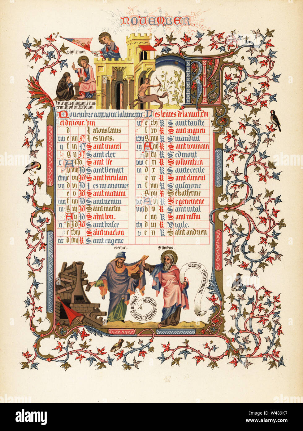 Pour Le Mois De Novembre Avec Les Chiffres D Ezechiel Et Saint Jude Citation De L Epitre A Philemon Disciple Centaur Avec Bow D Oiseaux Feuillage Et Des Chateaux D Un Livre D Heures Du Duc L Anjou 1380