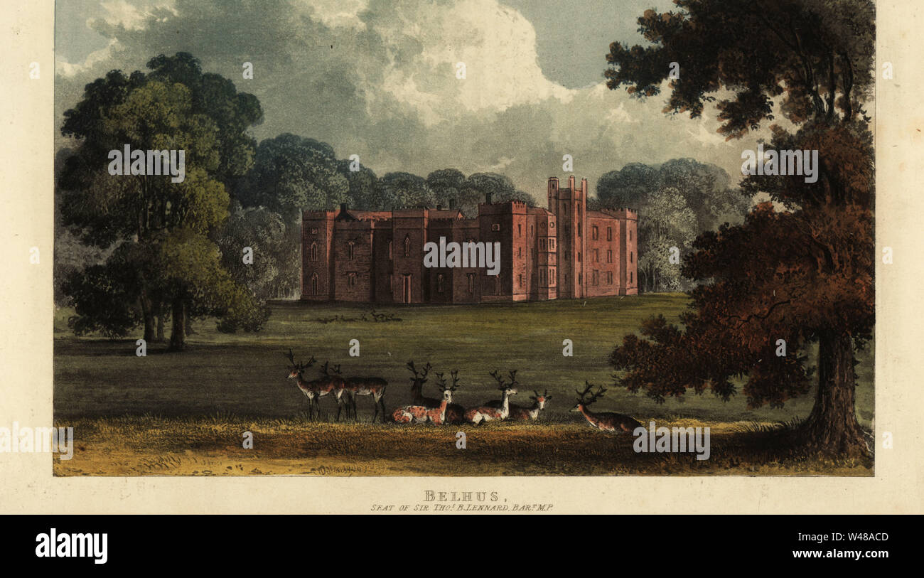 Belhus, Essex, siège du propriétaire d'esclaves Sir Thomas Barrett Lennard. Maison de style gothique avec des cerfs dans les jardins. Coloriée à la gravure sur cuivre de Rudolph Ackermann's Repository of Arts, Londres, 1826. Banque D'Images