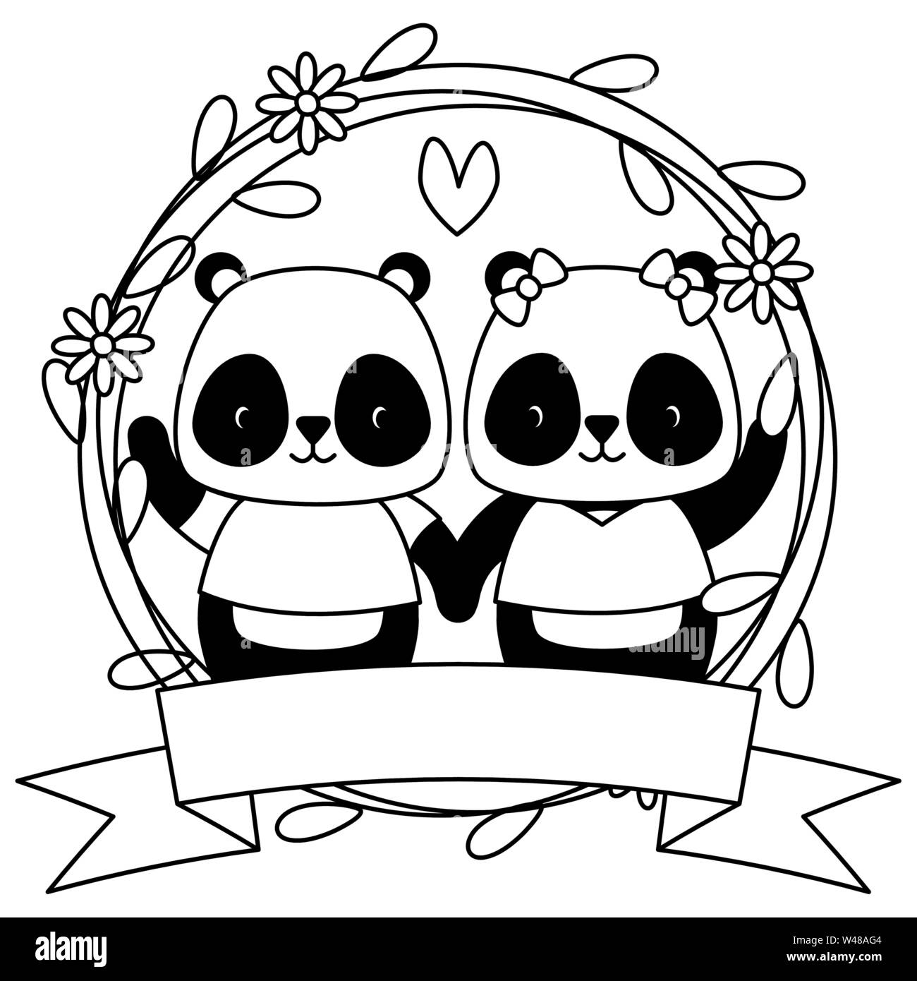 Cute couple couronne de fleurs animaux panda Illustration de Vecteur