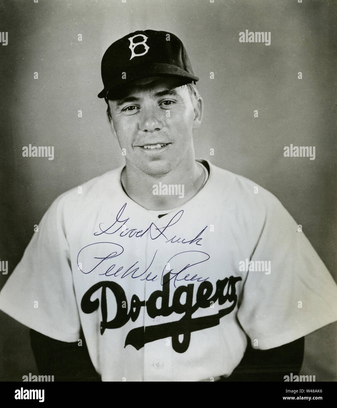 Portrait autographiée de Reese PeeWee un joueur étoile pour les Ruisseau éviter dans les années 1940 et 1950. Banque D'Images