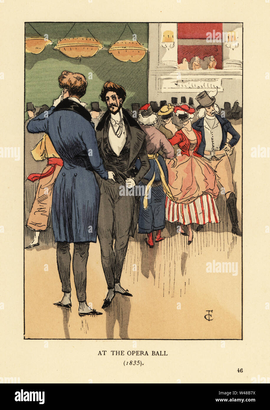 Fops en manteau avec tails, gilet, pantalon serré et bas blancs. Les gens de robe et des masques derrière eux. À l'Opéra Ball 1835. Lithographie coloriée par R.V. après une illustration par Courboin François Octave Uzanne's de la mode à Paris, William Heinemann, Londres, 1898. Banque D'Images