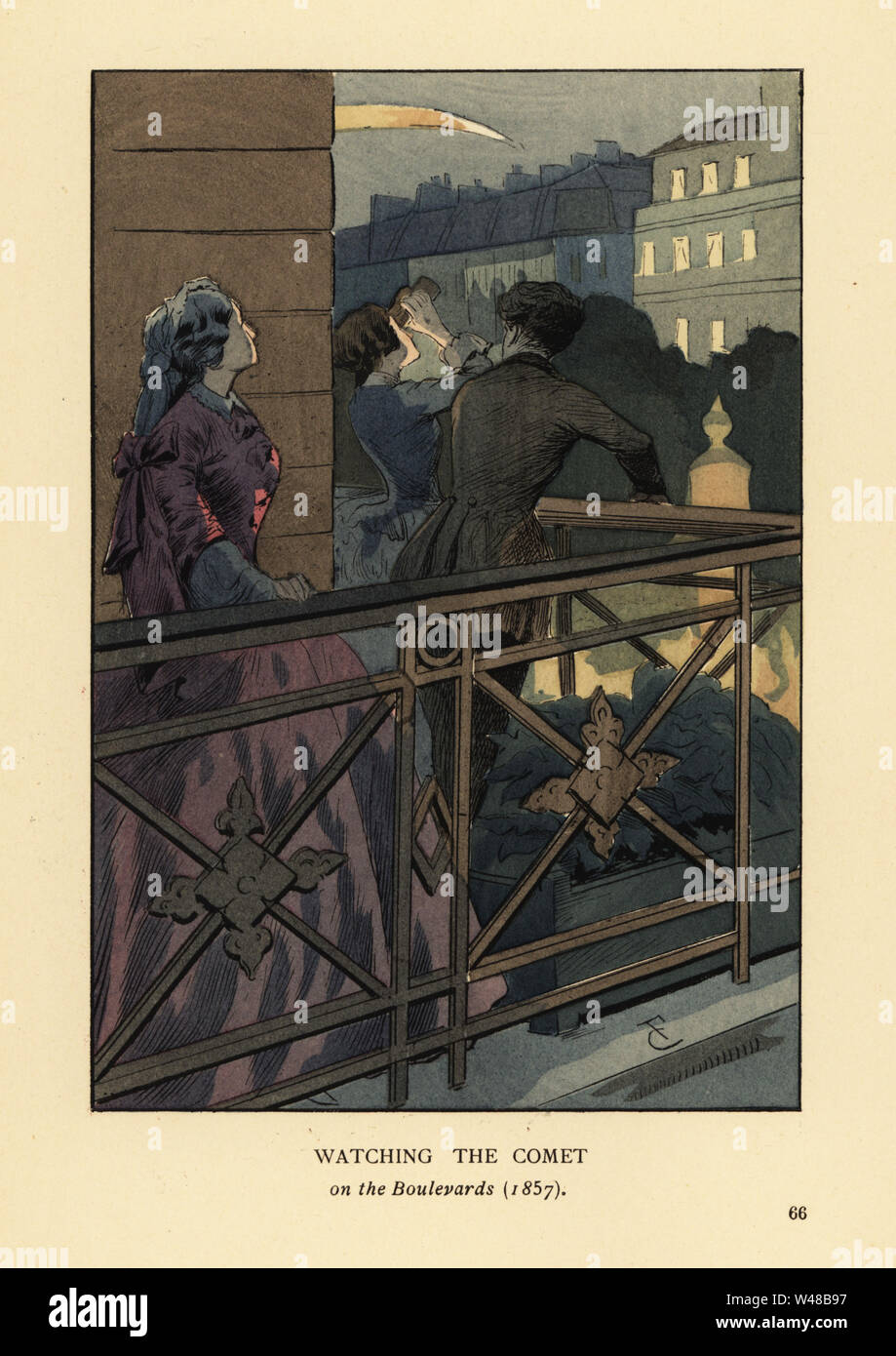 Regarder les gens à la mode la comète de 1857 à partir d'un balcon, boulevard de Paris. Femme en crinoline avec des jumelles. Lithographie coloriée par R.V. après une illustration par Courboin François Octave Uzanne's de la mode à Paris, William Heinemann, Londres, 1898. Banque D'Images