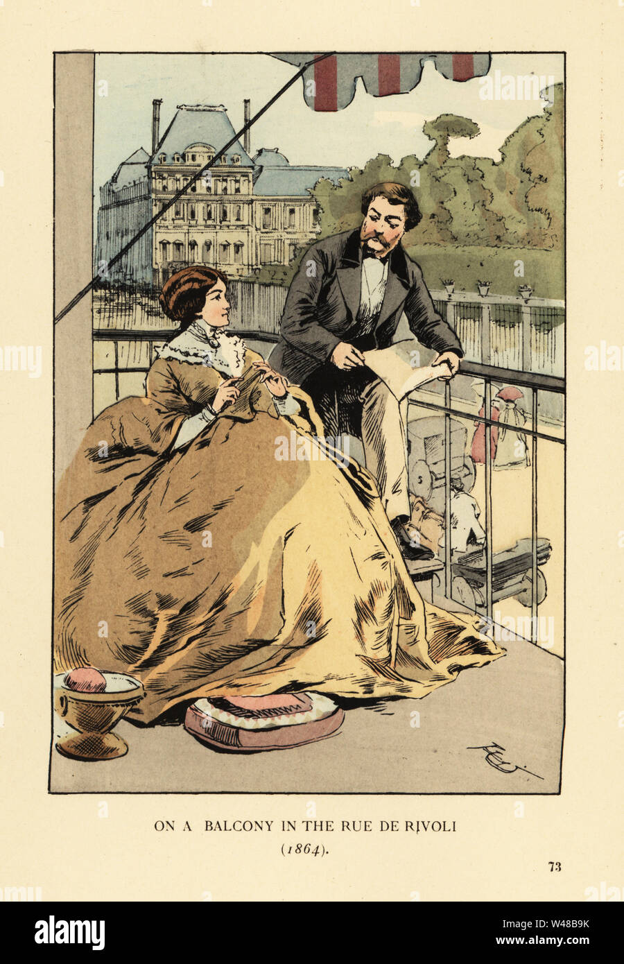 Sur un balcon à la rue de Rivoli, Paris, 1864. Femme avec robe à crinoline moutarde avec pelerine. Le Louvre et le Jardin des Tuileries de l'autre côté de la rue. Lithographie coloriée par R.V. après une illustration par Courboin François Octave Uzanne's de la mode à Paris, William Heinemann, Londres, 1898. Banque D'Images