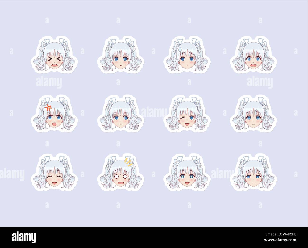 Ensemble D Autocollants Emotionnel General Anime Manga Girl Style De Dessin Anime Japonais Pour Les Messages De Chat De Papier Ou D Impression De T Shirt Fille Aux Cheveux Blancs Image Vectorielle Stock Alamy