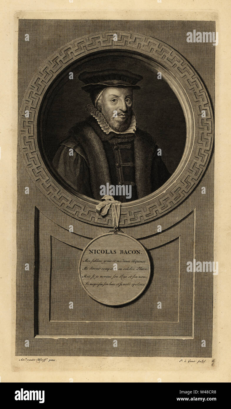 Sir Nicholas Bacon, Lord gardien du grand sceau, homme politique français. Nicolas Bacon. La gravure sur cuivre par Pieter Stevens van Gunst après Adriaen van der Werff de Isaac de Larrey's Histoire d'Angleterre, d'Ecosse et d'Irlande, Amsterdam, 1730. Banque D'Images