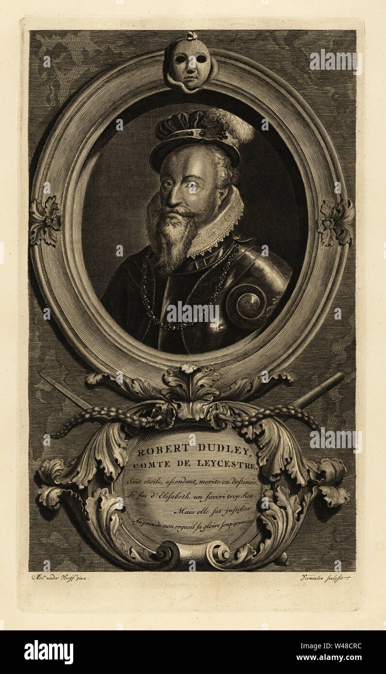 Robert Dudley, comte de Leicester et favori de la Reine Elizabeth I. En cap, lace ruff et collier plastron d'armure. Frame avec masque ci-dessus. Comte de Leycestre. La gravure sur cuivre de Cornelis Vermeulen après Adriaen van der Werff de Isaac de Larrey's Histoire d'Angleterre, d'Ecosse et d'Irlande, Amsterdam, 1730. Banque D'Images