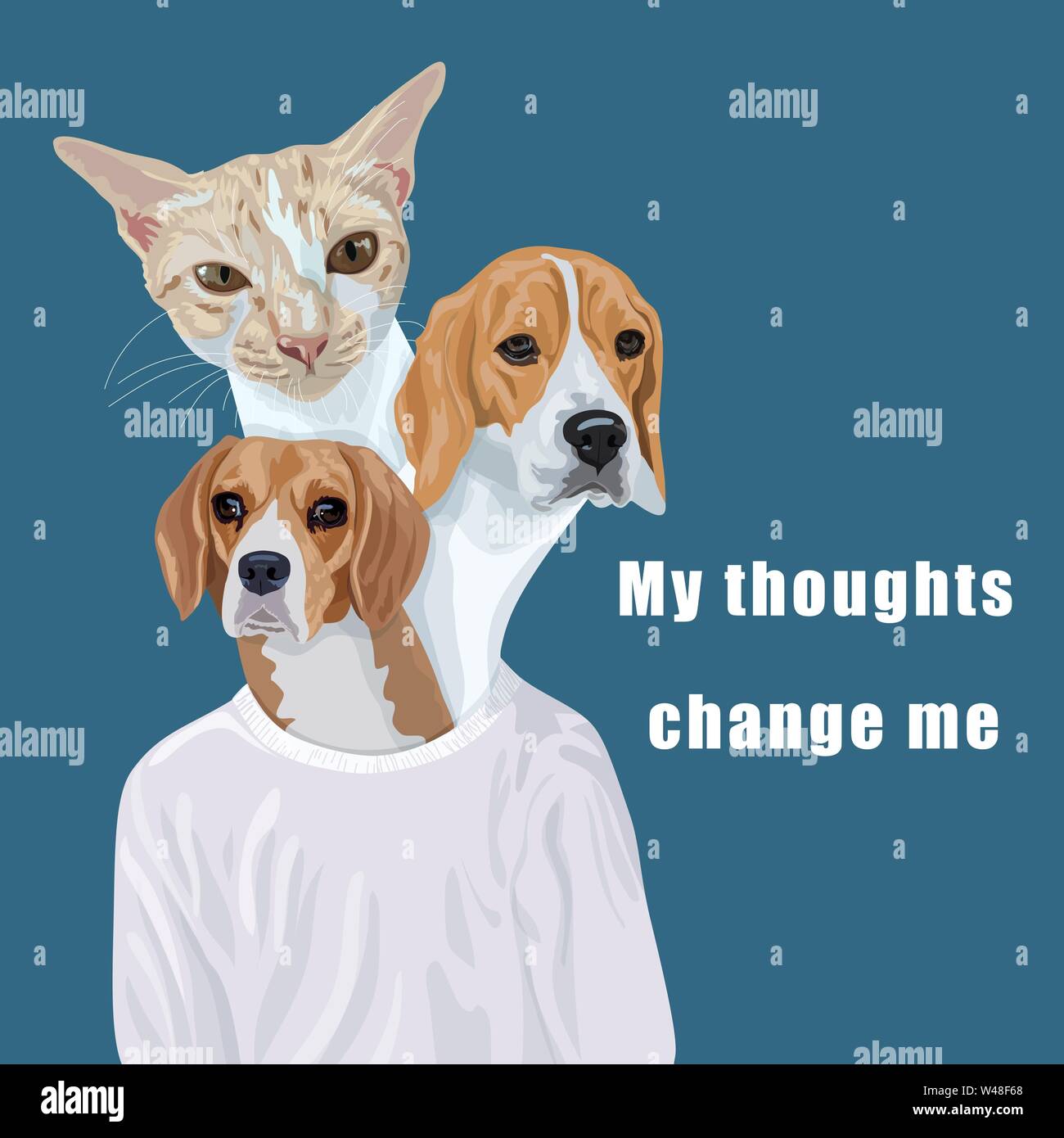 Un Homme En Chemise Blanche Avec Deux Tete De Chiens Beagle Et Une Tete De Chat Drole De Gingembre L Imagination D Un Homme Qui Pense Ou Des Soins A Son Animal Tout Le