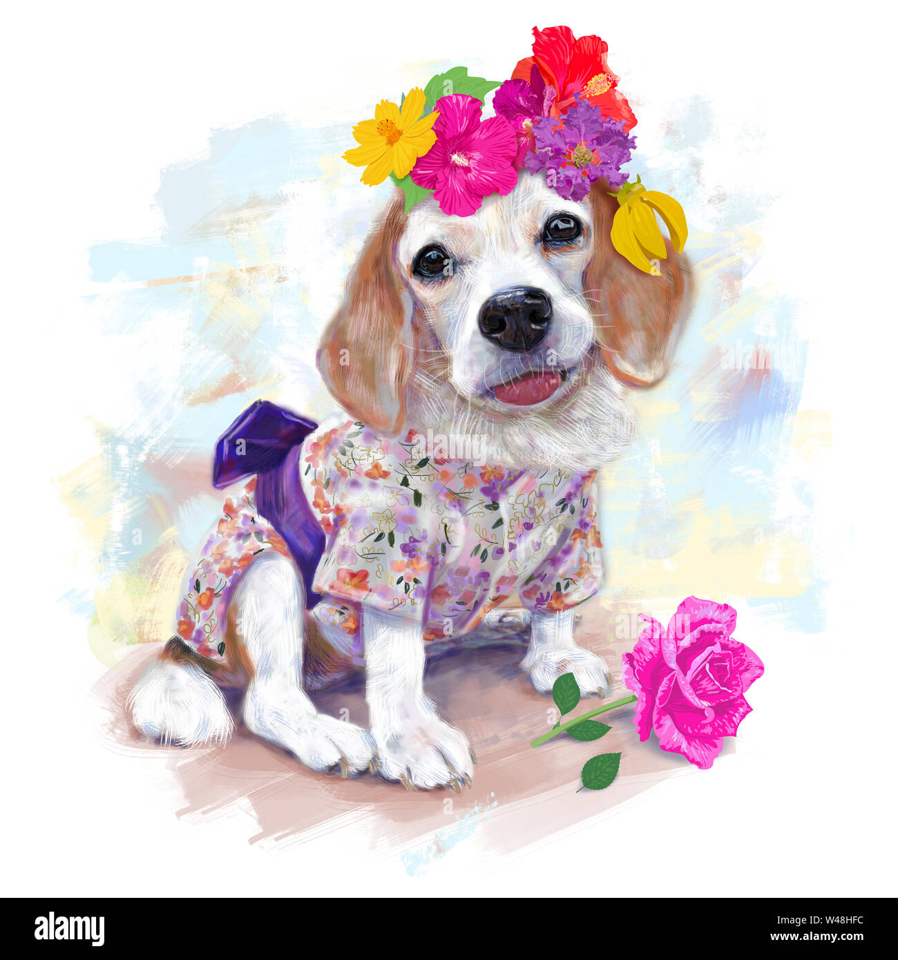 Beagle adorable mignon porte des costumes, Japan style et chapelet avec rose rose sur le plancher avec un fond coloré, la peinture numérique. Banque D'Images