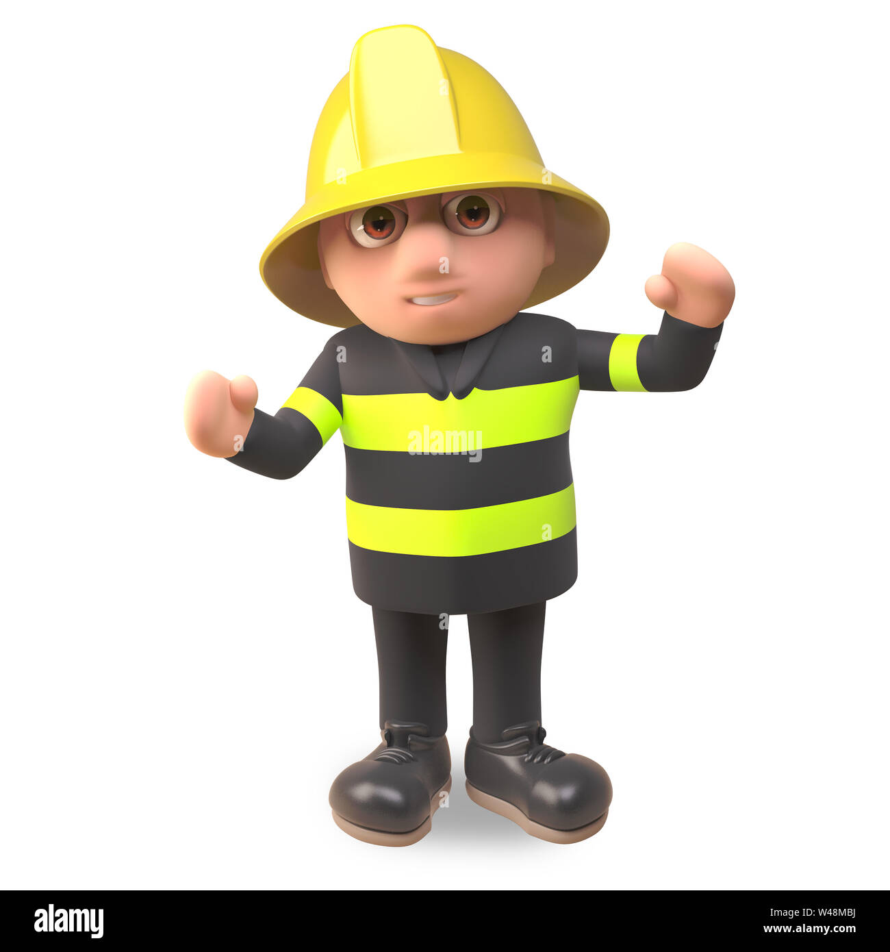 Pompier POMPIER 3d Cartoon character en Vêtements haute visibilité des acclamations de joie, illustration 3D render Banque D'Images