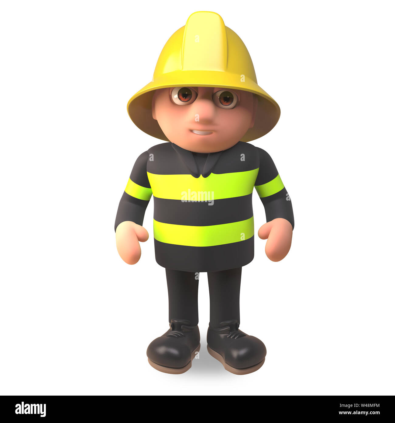 Pompier POMPIER Dessin animé 3D en caractère, Vêtements haute visibilité 3d illustration rendre Banque D'Images
