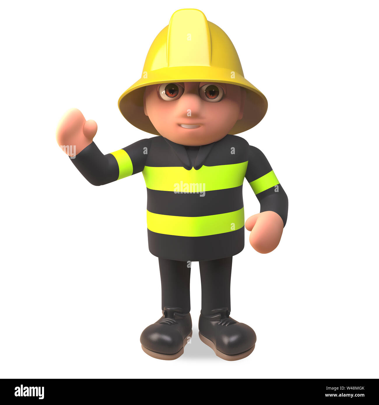 Pompier POMPIER en caractère caractère haute visibilité forme bonjour, illustration 3D render Banque D'Images