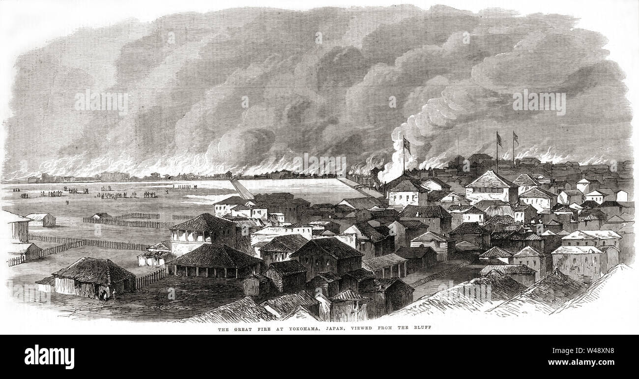 [ 1860 Japon - Yokohama Grand Incendie de 1866 ] - Le grand incendie de Yokohama du 26 novembre 1866 (2 Keio) vu de la falaise (Yamate). Les deux tiers de la ville natale, et un sixième de la colonisation étrangère a été détruit. Plus de 400 personnes ont péri dans cet incendie, la plupart des prostituées qui n'ont pu échapper à leur domaine cerné. En japonais le feu est connu sous le feu de Keio, mais il a également appelé l'Butaya Kaji (Pig Incendie) qu'elle a commencé à un restaurant de porc. Après l'incendie, l'ingénieur britannique Richard Henry Brunton (1841-1901) a été utilisé pour créer un plan d'urbanisme à l'épreuve pour Yokohama. Banque D'Images
