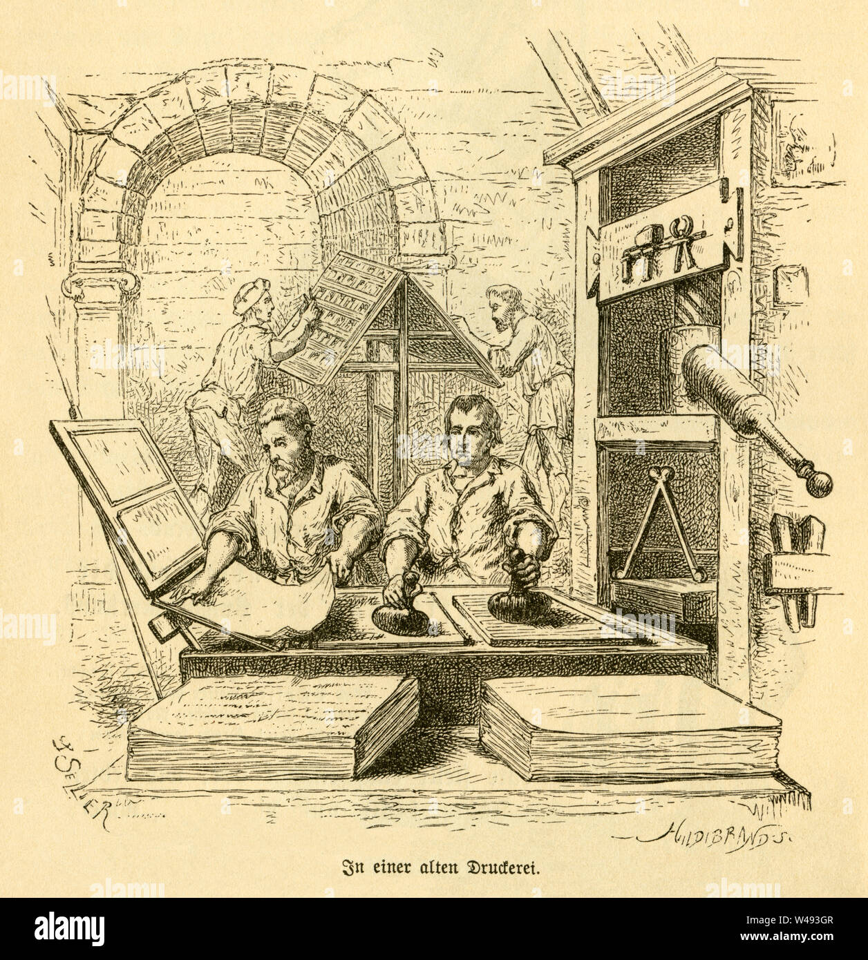 Europa, Deutschland, Berlin, Mayence, Originaltext : ' in einer alten ' Druckrei , Motiv aus : ' Ältere Deutsche Geschichten ' , herausgegeben von Franz Otto , Verlag Otto Spamer, Leipzig, 1890 . / L'Europe, l'Allemagne, Rhénanie-Palatinat, Mayence , texte original : ' in einer alten Druckerei ' ( dans une vieille maison d'impression ) , de l'image : ' Ältere Deutsche Geschichten ' ( plus ) histoires allemandes , publié par Franz Otto Otto, maison d'édition, Leipzig, 1890 Spamer . Banque D'Images