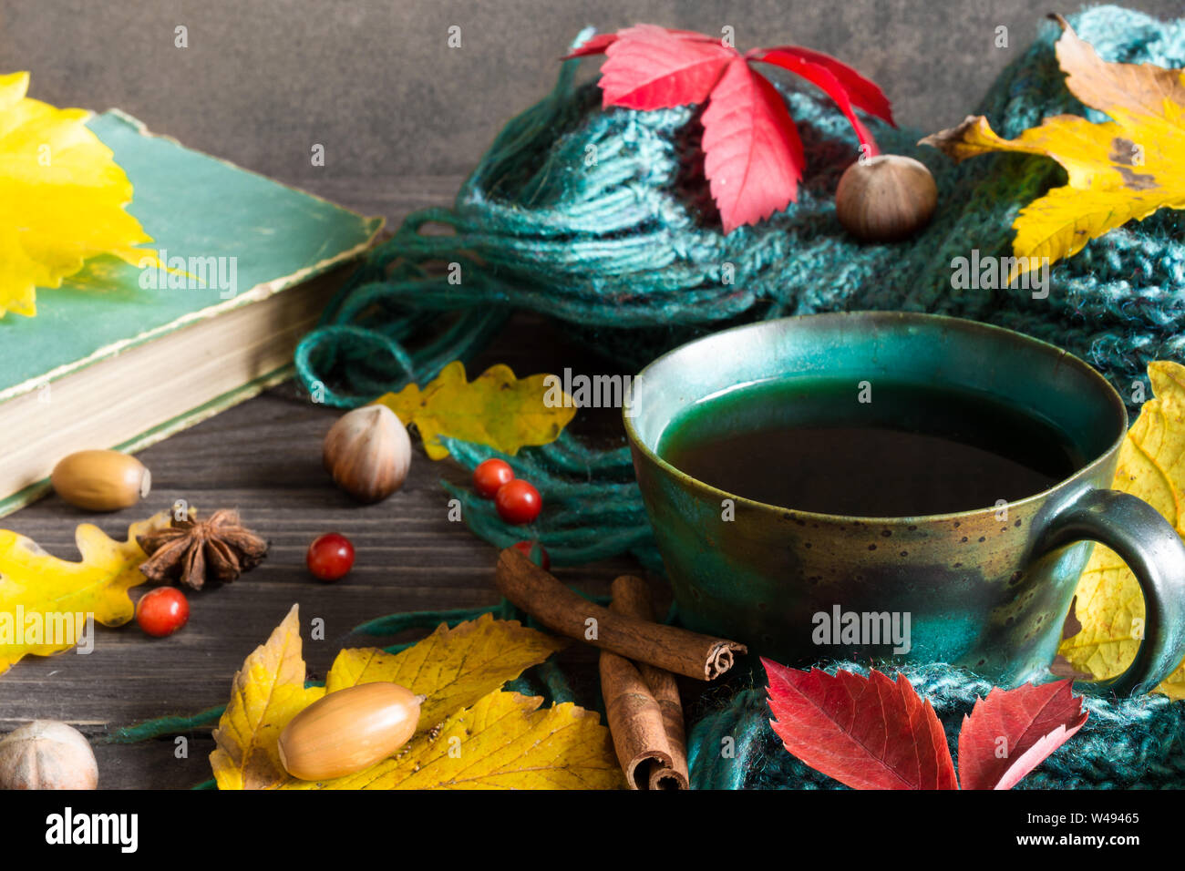 Automne fond avec des feuilles sèches, écharpe, tasse de café aux épices et vintage livre sur table en bois. close up Banque D'Images