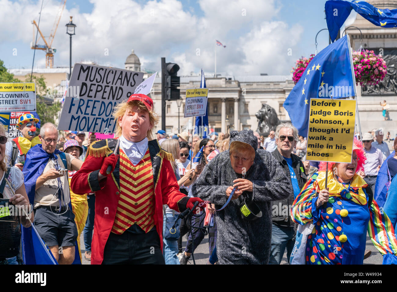 20 juillet 2019 - Londres, Royaume-Uni. Les manifestants vêtus comme Donald Trump et Boris Johnson au Brexit anti Mars à Londres. Banque D'Images