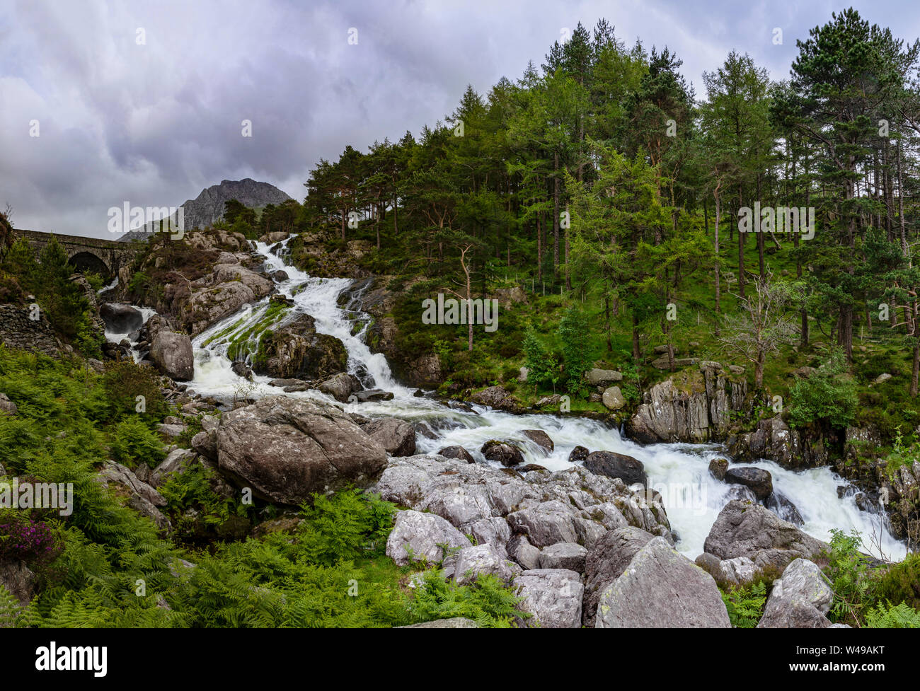 Cascade de panorama sur l'Afon Ogwen ci-dessous Llyn Ogwen Banque D'Images