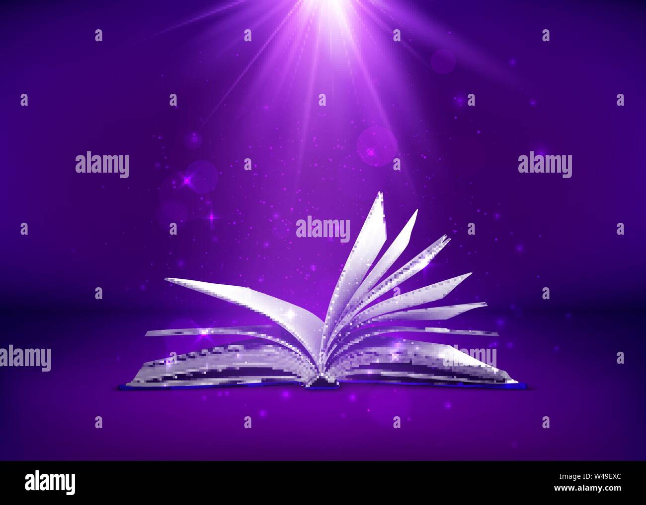 Mystère livre ouvert. Livre fantastique avec magic light sparkles et étoiles. Vector illustration en couleurs pourpre Illustration de Vecteur