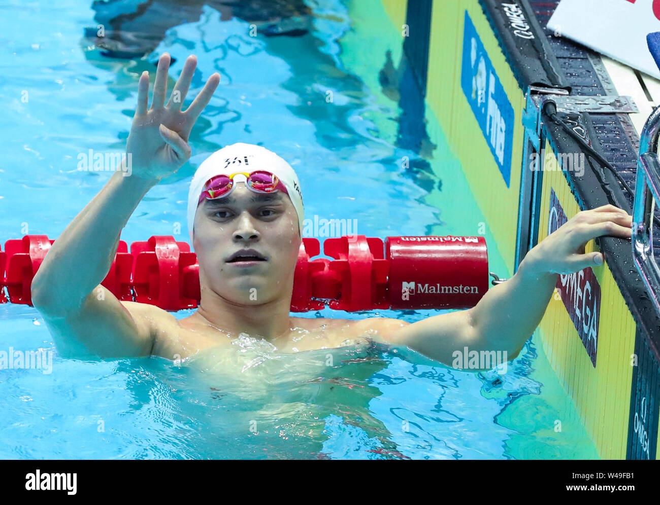 Gwangju, Corée du Sud. 21 juillet, 2019. Sun Yang de la Chine réagit après le men's 400m nage libre au Championnat du monde FINA 2019 Gwangju Gwangju, en Corée du Sud, le 21 juillet 2019. Crédit : Li Gang/Xinhua/Alamy Live News Banque D'Images