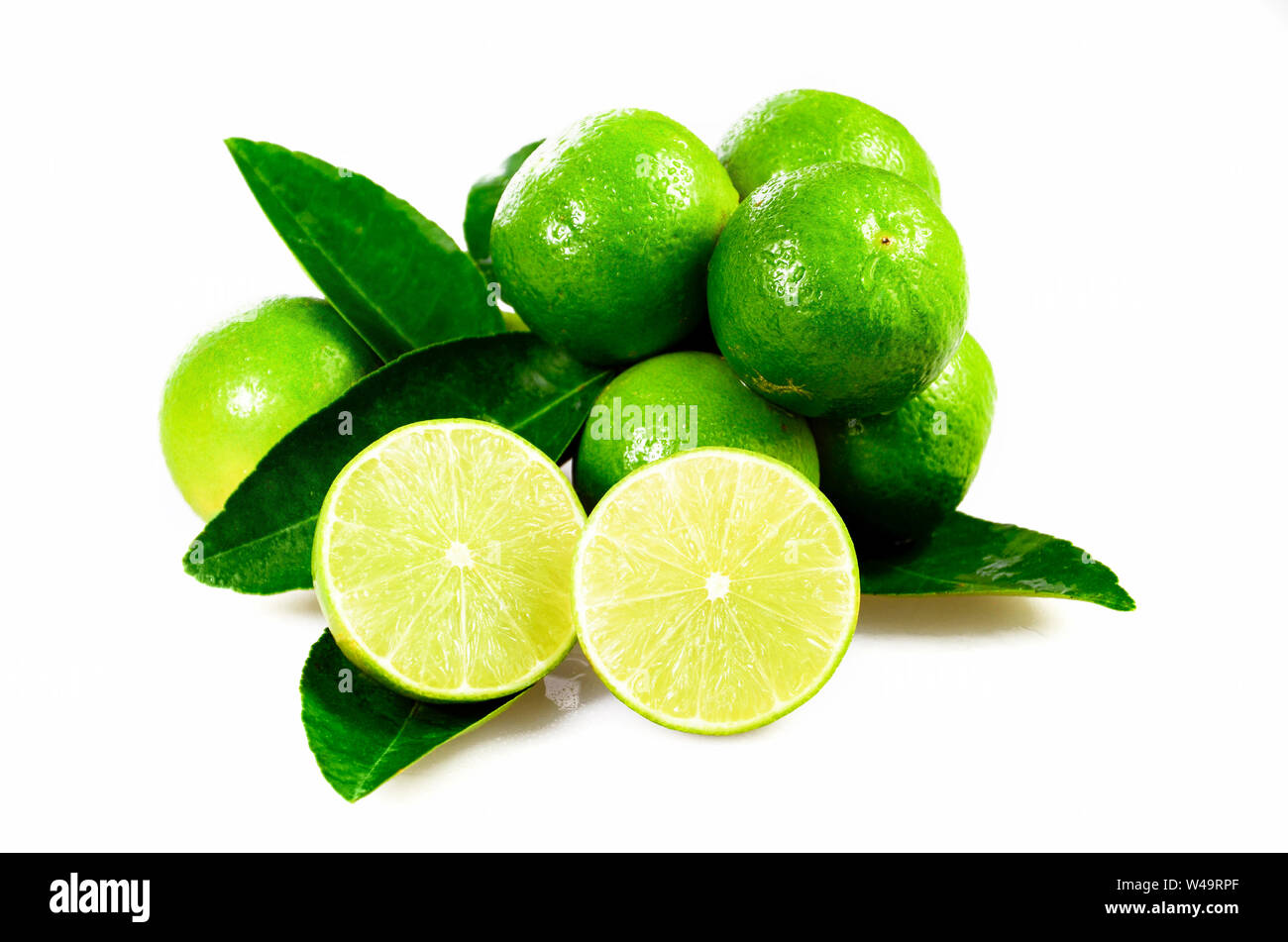 Organique sans pépins fruits lime (Citrus aurantifolia) isolé sur fond blanc. Banque D'Images