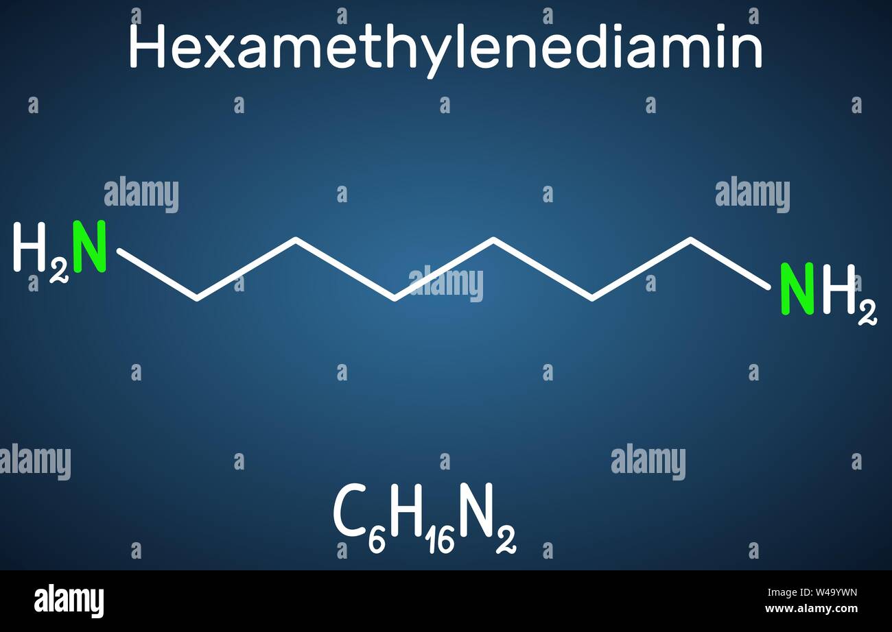 Hexaméthylènediamine diamine molécule. Il est en nylon de monomère. Formule chimique structurel sur le fond bleu foncé. Vector illustration Illustration de Vecteur