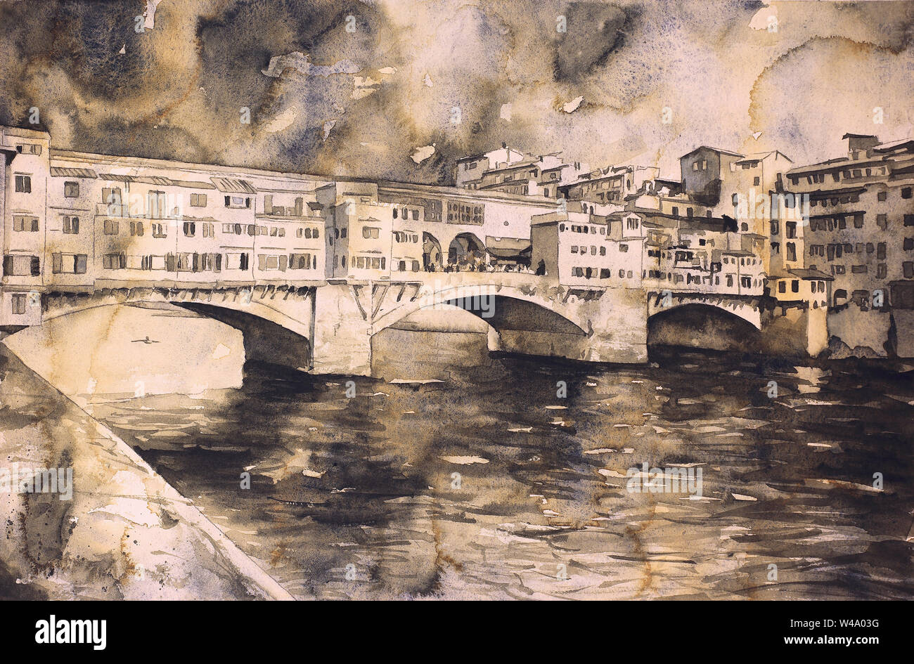 Le Ponte Vecchio dans la ville médiévale de Florence, Italie. Aquarelle de Ponte Vecchio, Florence art Banque D'Images