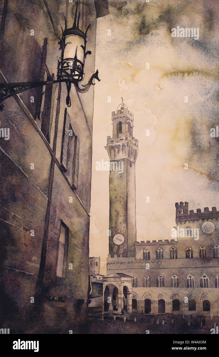 La Piazza del Campo dans la ville médiévale de Sienne, Italie. L'aquarelle de la tour de Mangia dans le Pubblico Palace à Sienne. Banque D'Images
