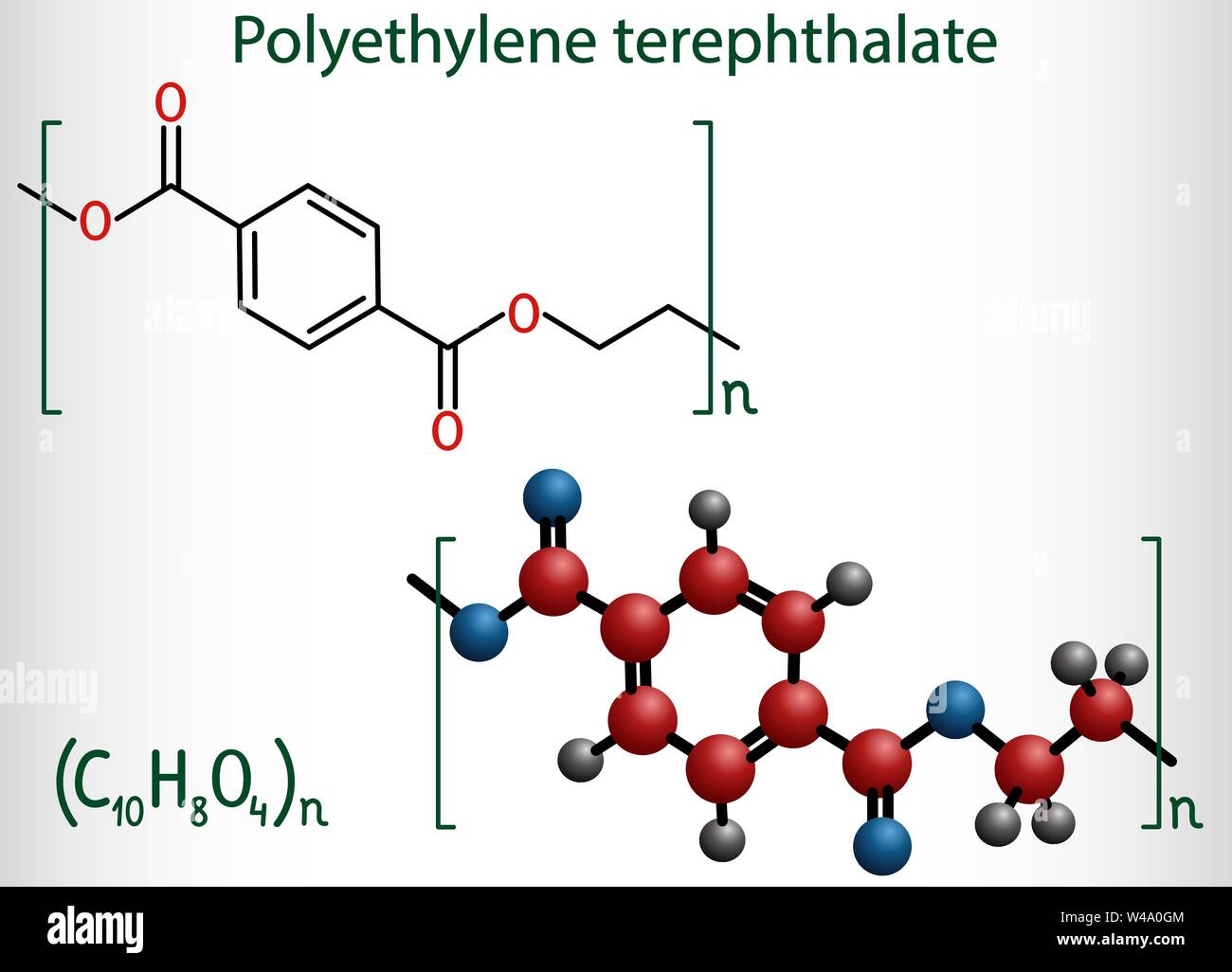 Le polyéthylène téréphtalate ou PET, PETE polyester, molécule de polymère thermoplastique. Formule chimique structurale et molécule modèle. Vector illustration Illustration de Vecteur