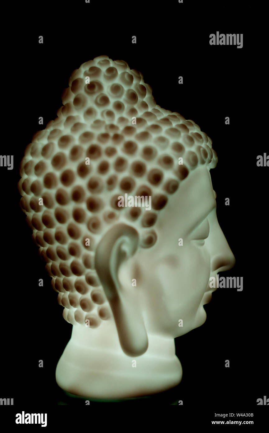 Profil d'une tête de Bouddha figurines en lumière verdâtre Banque D'Images